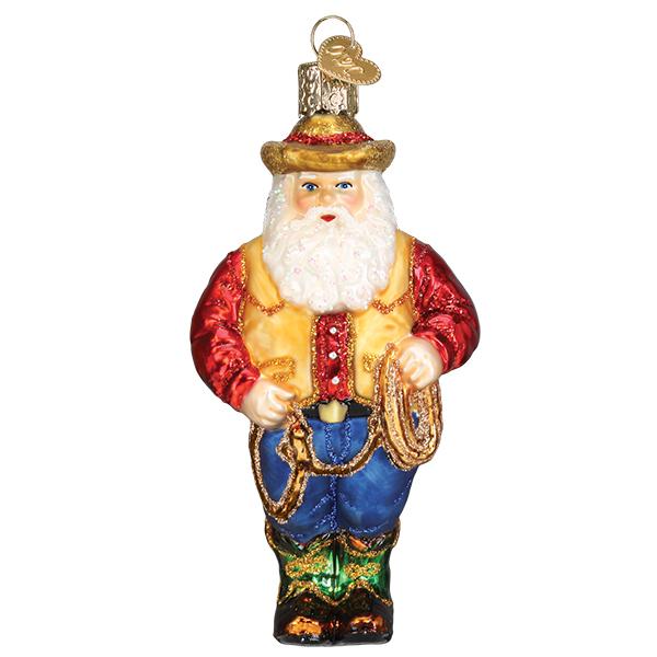 Western Santa glass ornament wearing a cowboy hat, red shirt, yellow vest, and blue jeans.