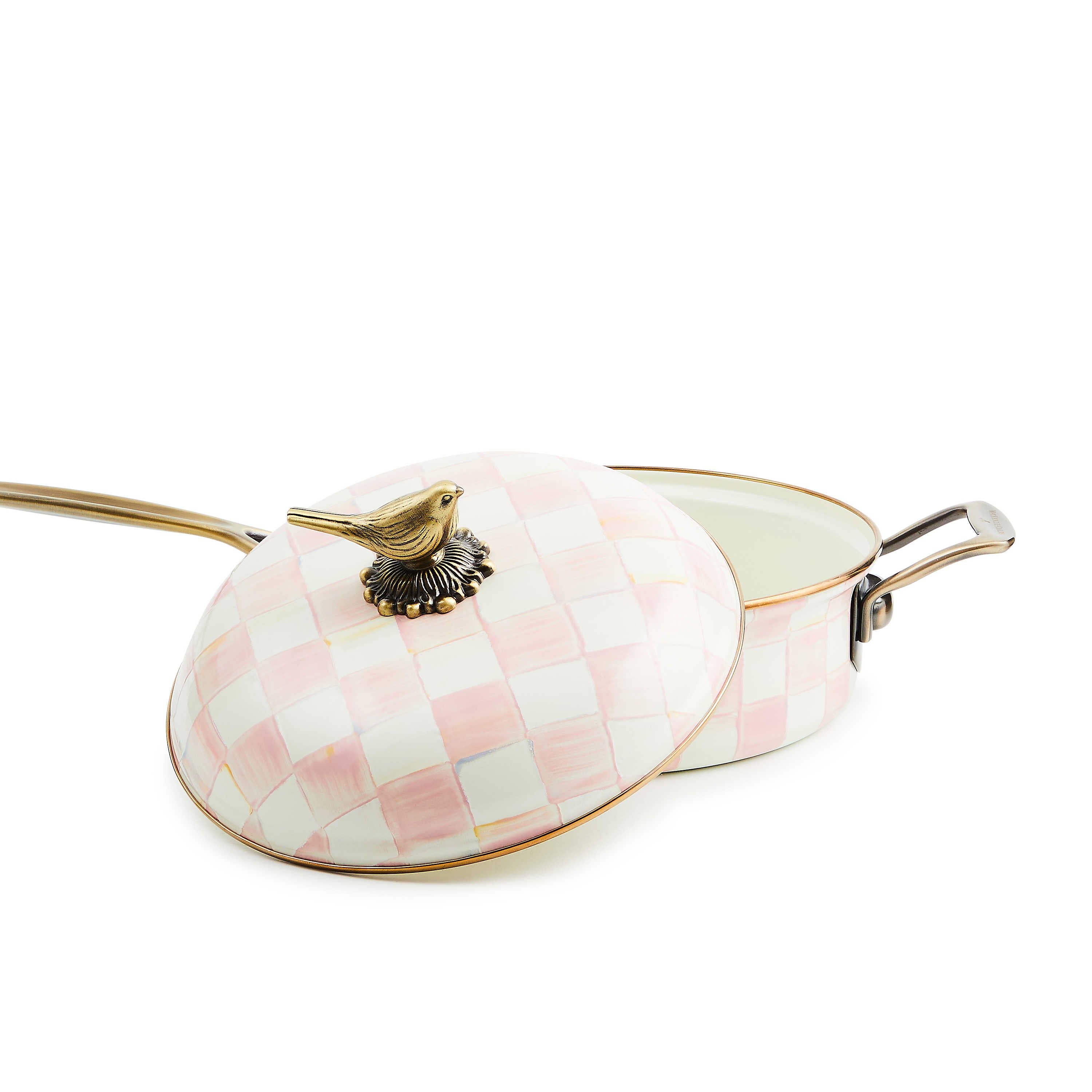 Rosy Check 3 Qt. Saute Pan with pink and white hand-painted checks and a bird-shaped brass knob.
