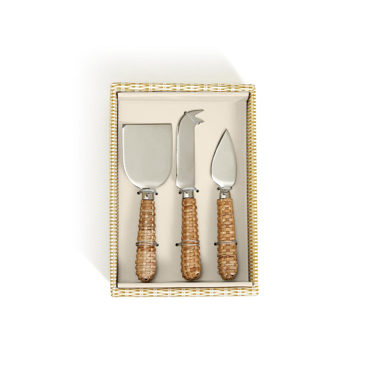 Gift box containing three bamboo-handled cheese knives with stainless steel blades.