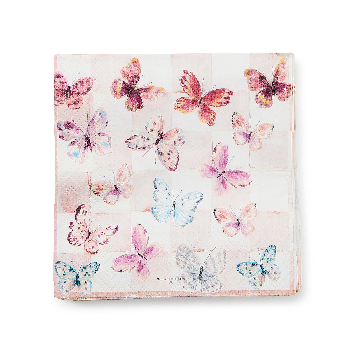 Butterfly Hill Cocktail Paper Napkins featuring colorful watercolor butterflies on a checkered base.