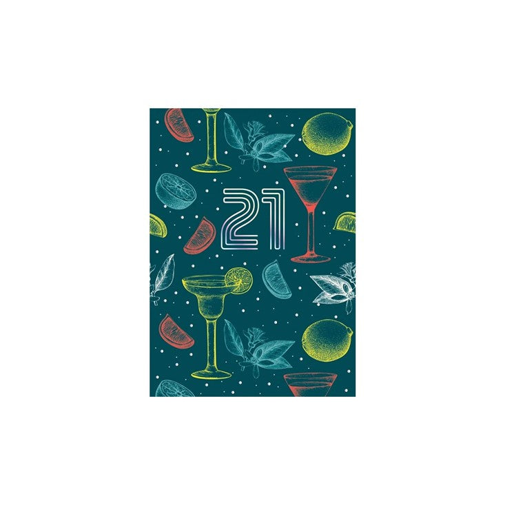 White greeting card with 'Your 21st Birthday' text on front; inside reads 'Sip, Sip, Hooray! Happy 21st Birthday'.