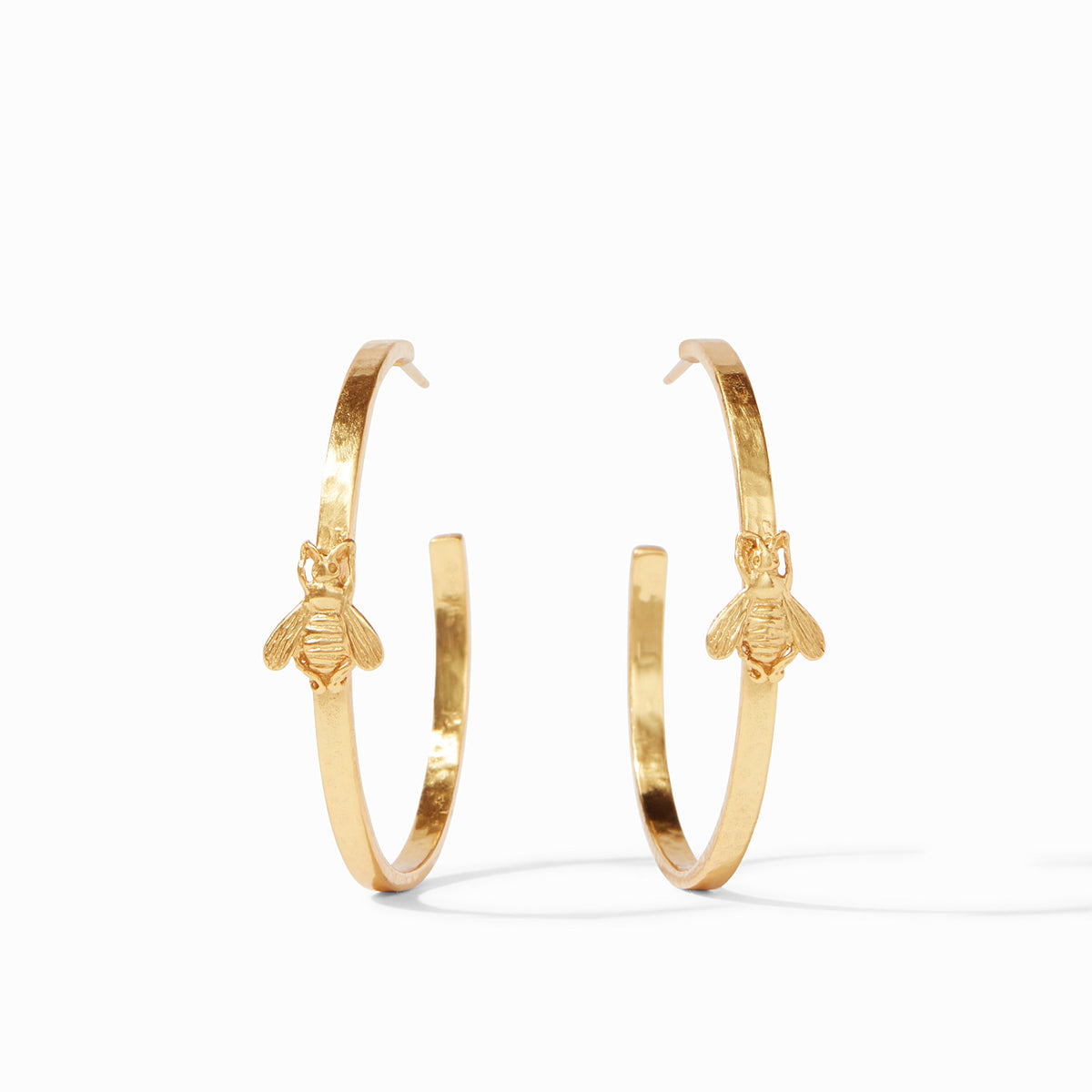 Large 24K gold-plated hoop earrings featuring a detailed bee charm on each hoop.