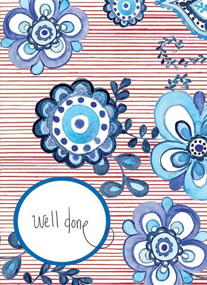 Greeting card with blue watercolor floral patterns on a red striped background and 'well done' text.