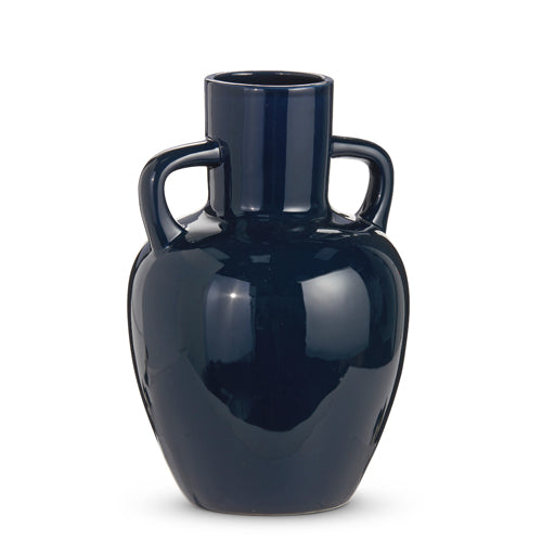 10.5 Inch Blue Glazed Ceramic Vase with two handles and a glossy finish.