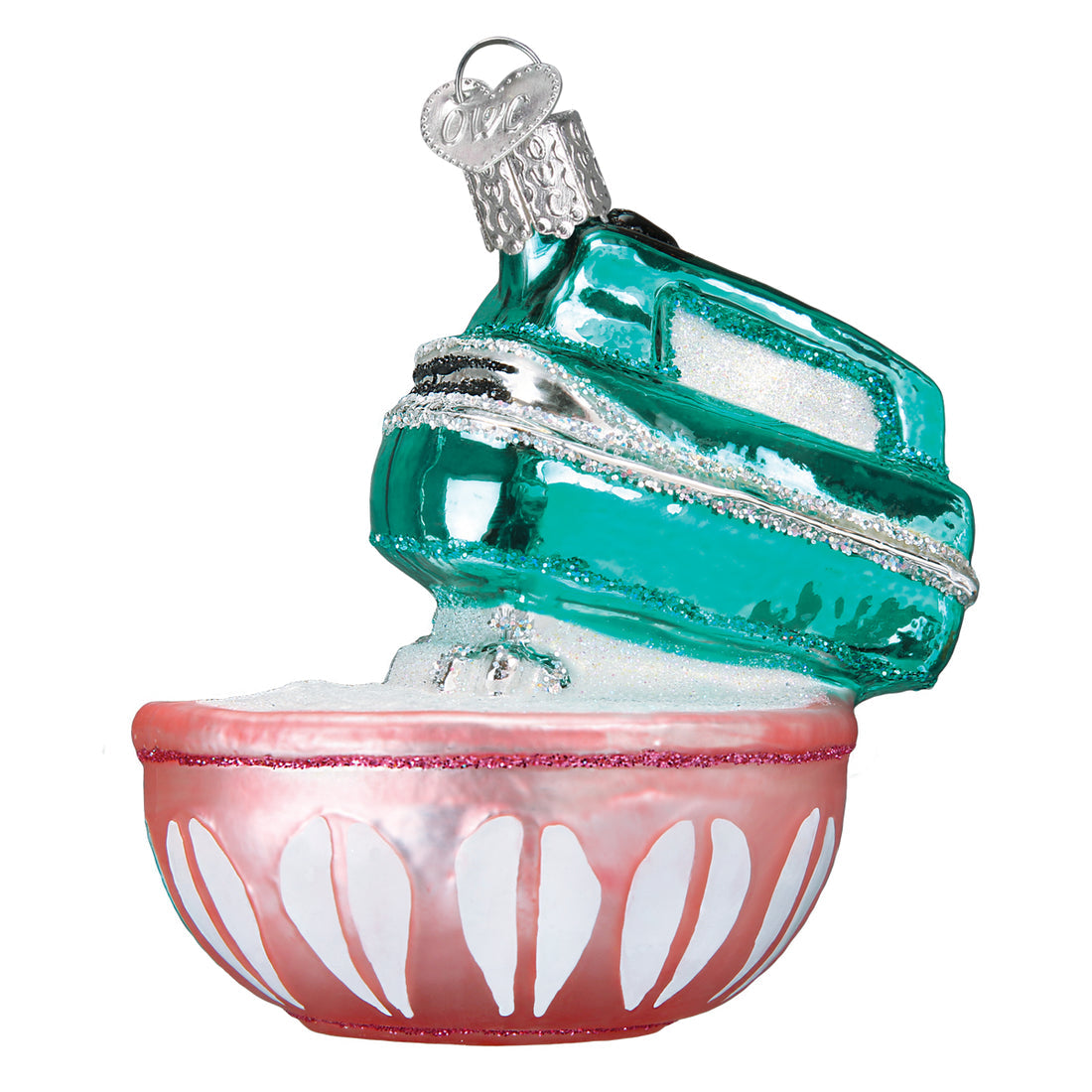 Glass hand mixer ornament with a teal mixer over a pink and white bowl filled with white glitter.