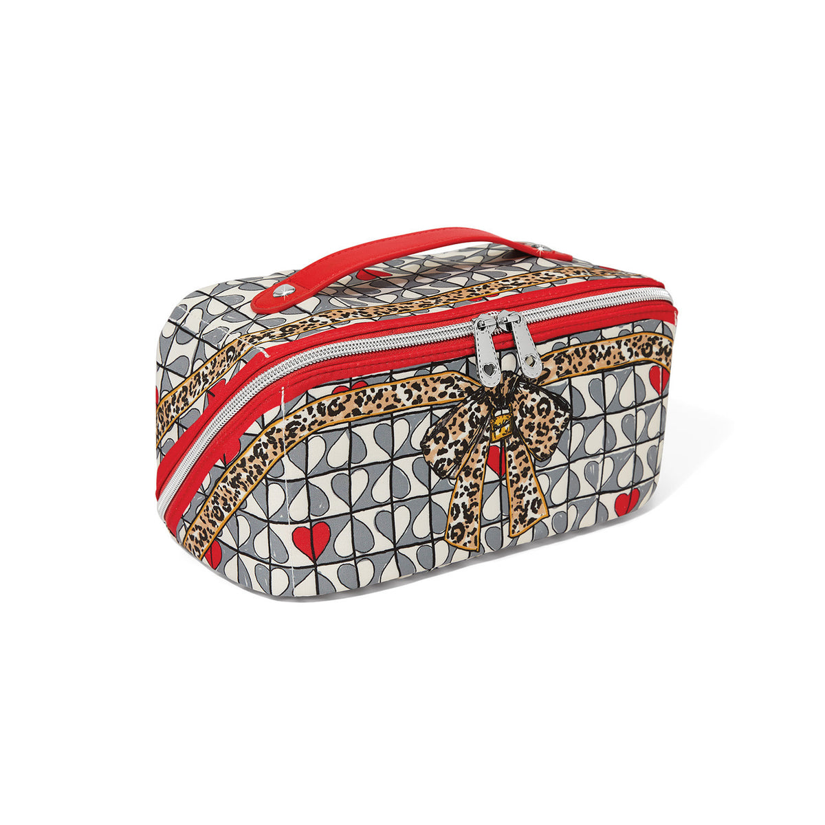 Multi-colored Wild Love cosmetic bag with playful bold print on soft fabric.