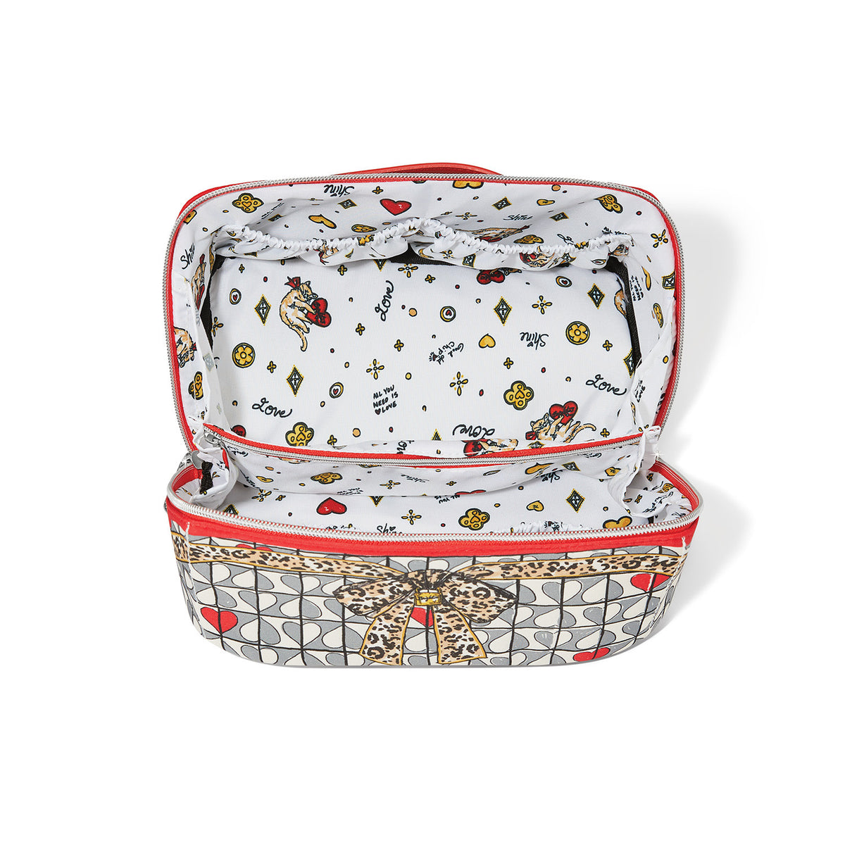 Multi-colored Wild Love cosmetic bag with bold playful geometric patterns.