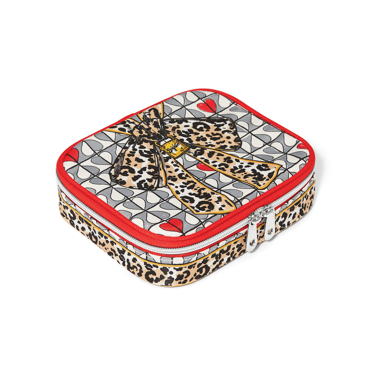 Multi-colored polyester jewelry case with zip closure and interior compartments for rings, bracelets, earrings, and necklaces.