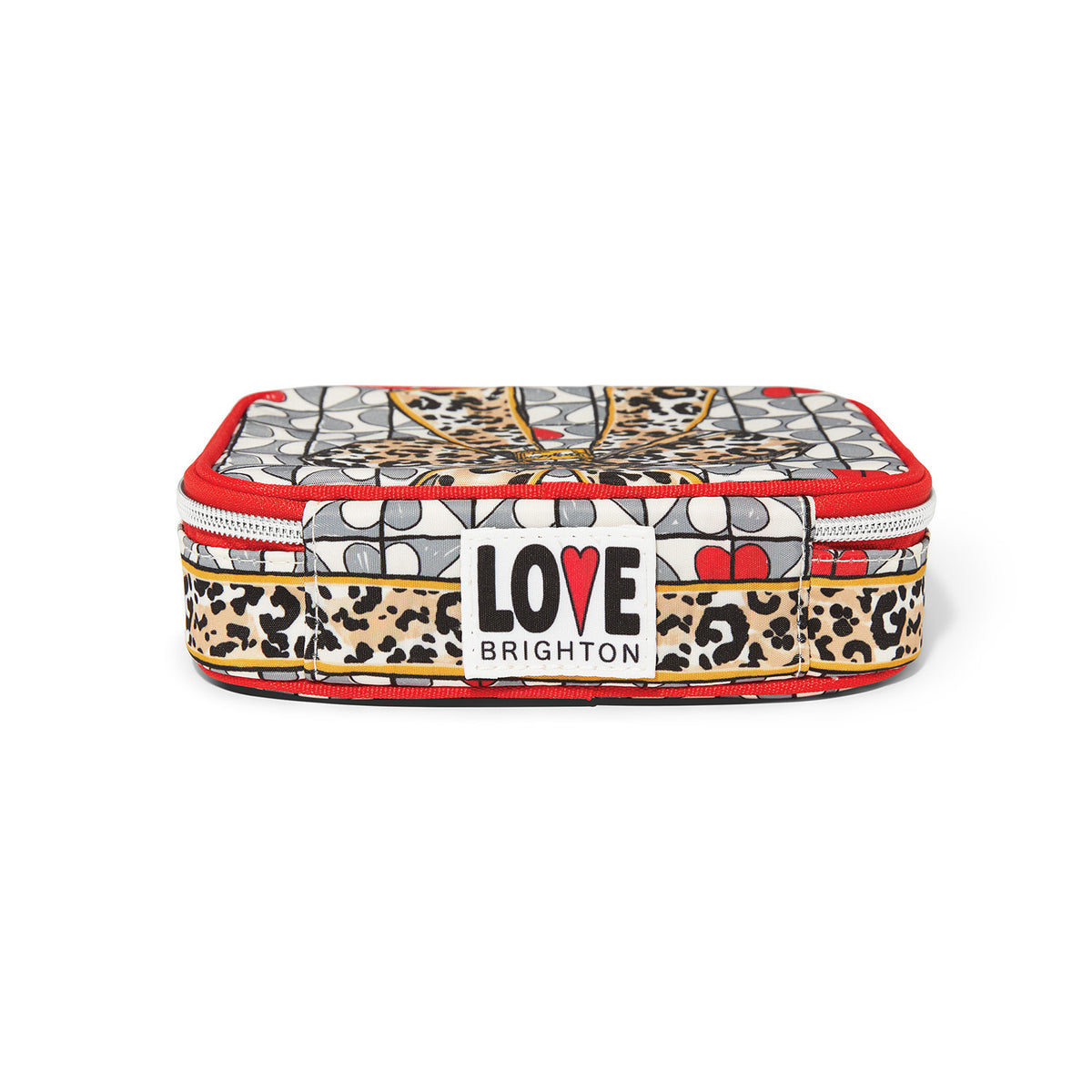 Multi-colored polyester jewelry case with zip closure and interior pockets for rings, bracelets, earrings, and necklaces.