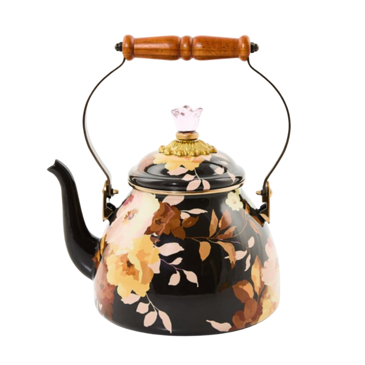 Brown Wild Rose tea kettle with a classic rounded body, curved handle, and knob lid.