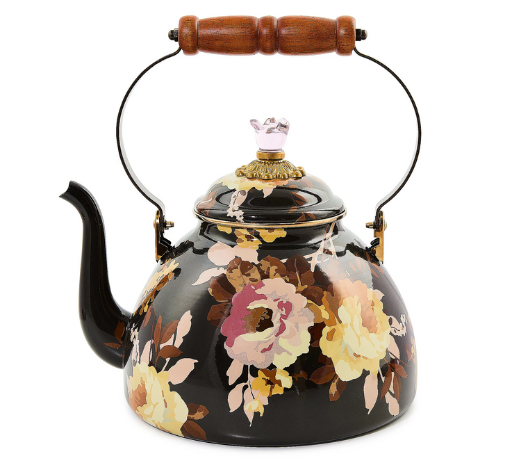 3-quart enamel tea kettle with wild rose floral pattern and bronzed accents