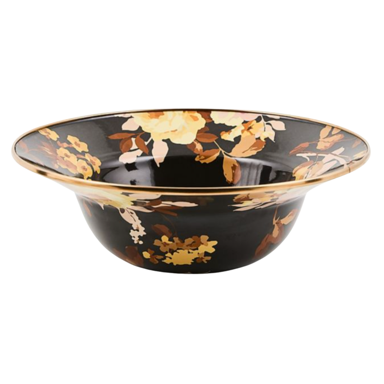 Brown Wild Rose serving bowl with floral decals, ceramic glaze, bronzed rim, and heavy-gauge steel base.