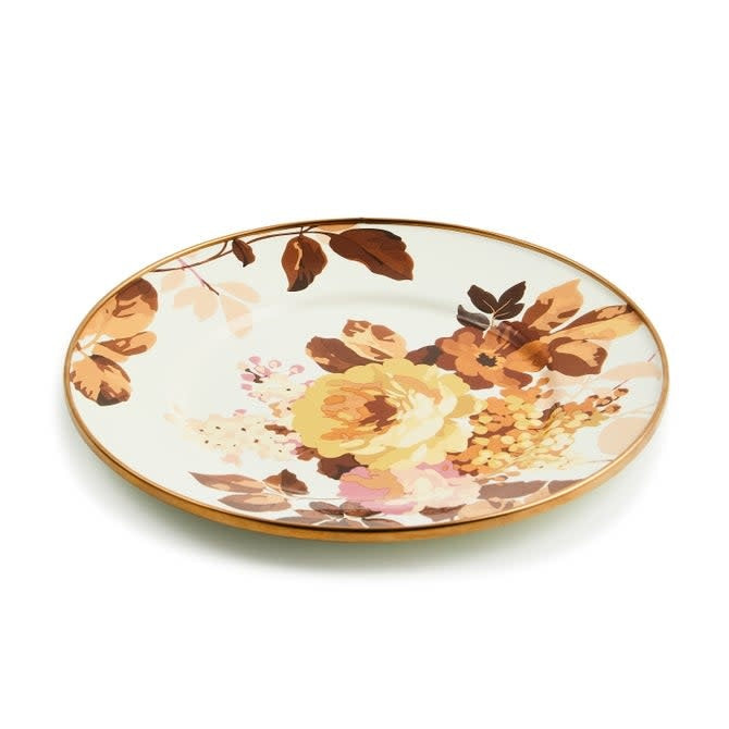 Hand-decorated white salad plate with mocha and dusty rose floral transfers on heavy-gauge steel.