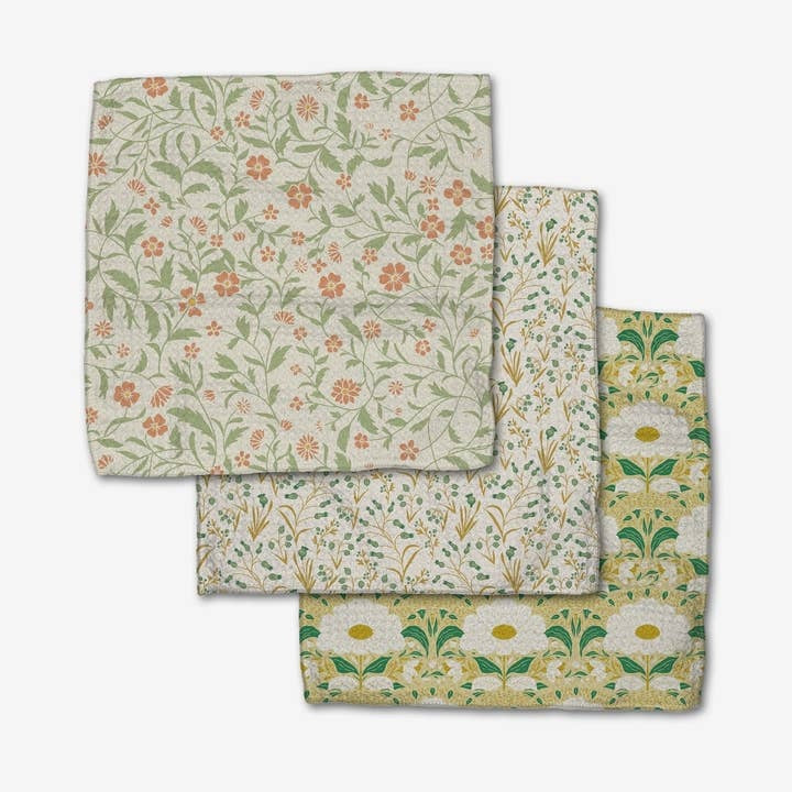 Set of three waffle weave dishcloths in recycled polyester with single-sided prints and hang loops.