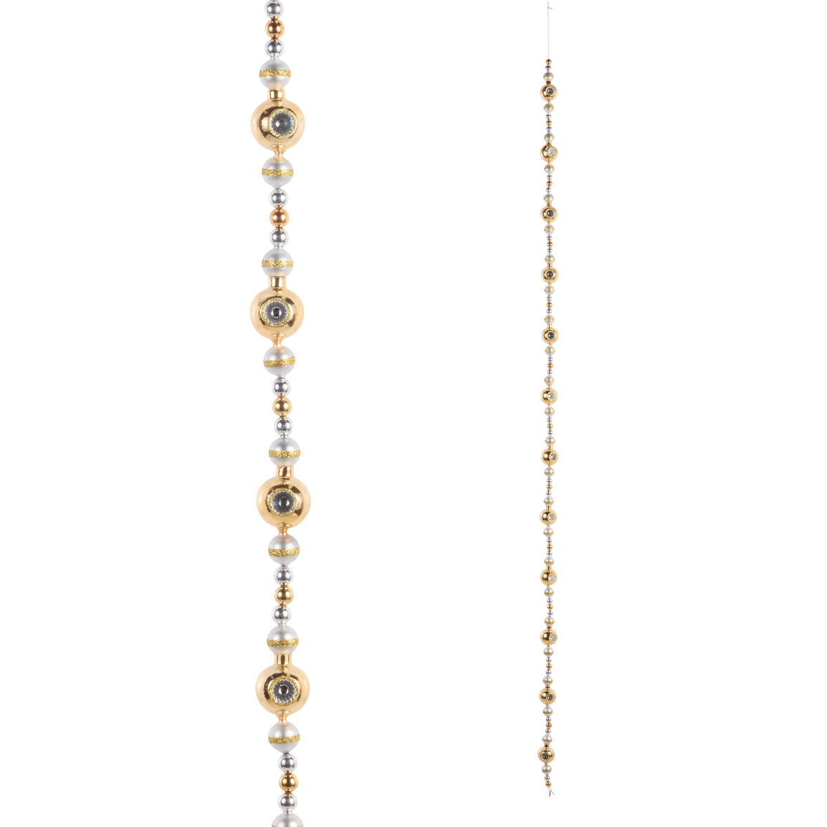 6' Gold, White, and Silver Reflector Garland with metallic glass and plastic beads.
