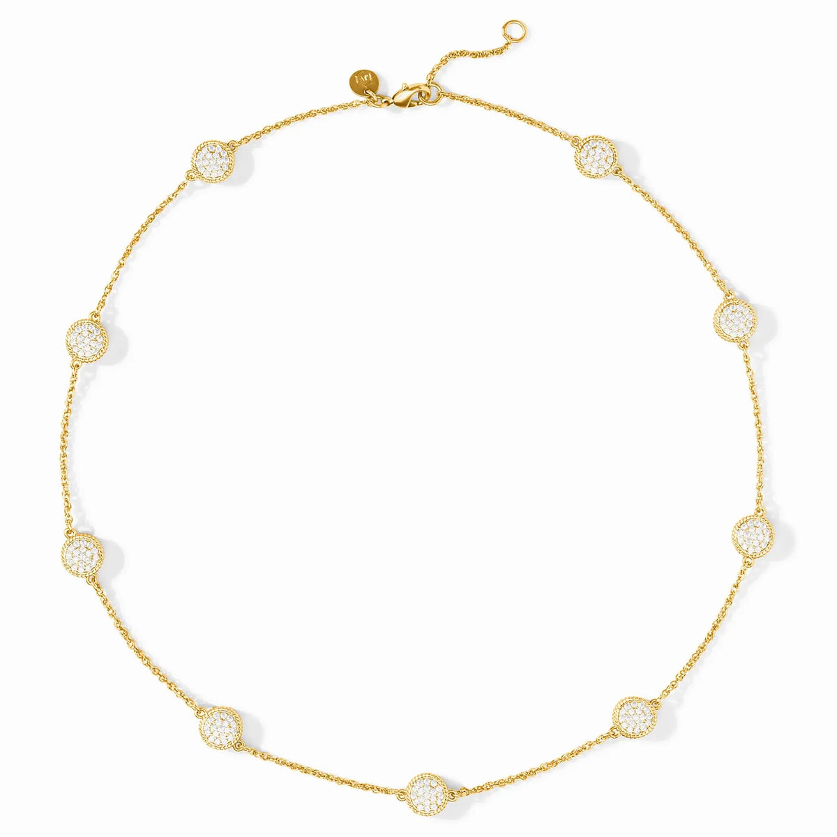 Delicate gold-plated station necklace with pave cubic zirconia stones on a dainty chain.