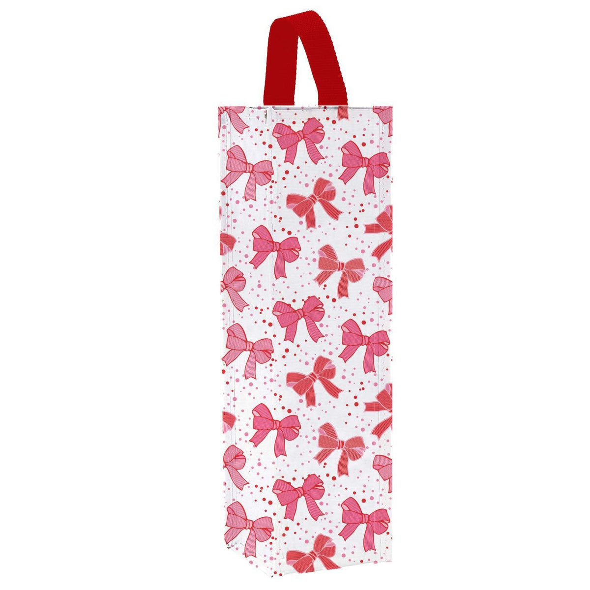 Reusable wine bag bow in natural kraft paper with brown ribbon handles.