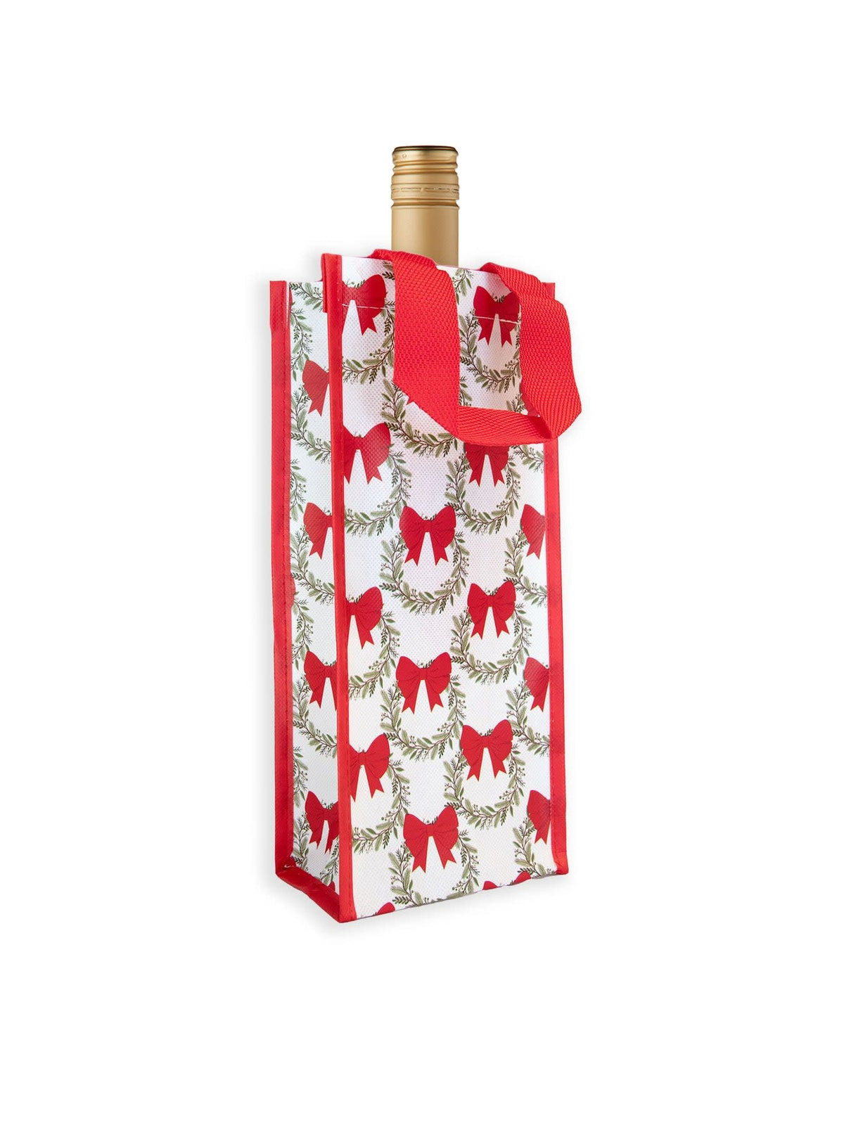 Red wreath-patterned reusable wine bag with durable straps holding a standard bottle.