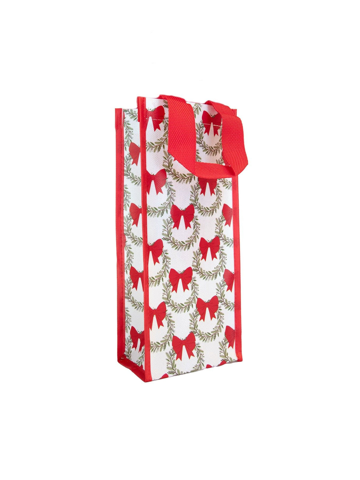 Red wreath-patterned reusable wine bag with durable straps holding a standard bottle.