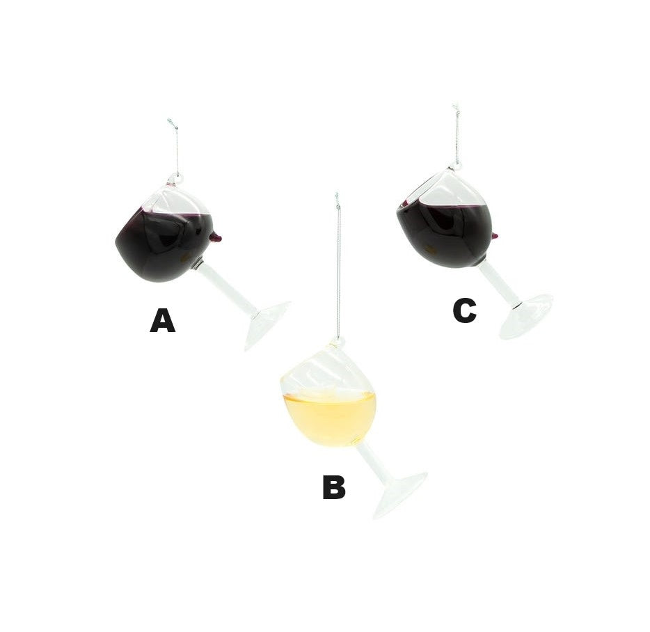 Silver string hanging glass wine glass ornament with liquid inside that moves when shifted.