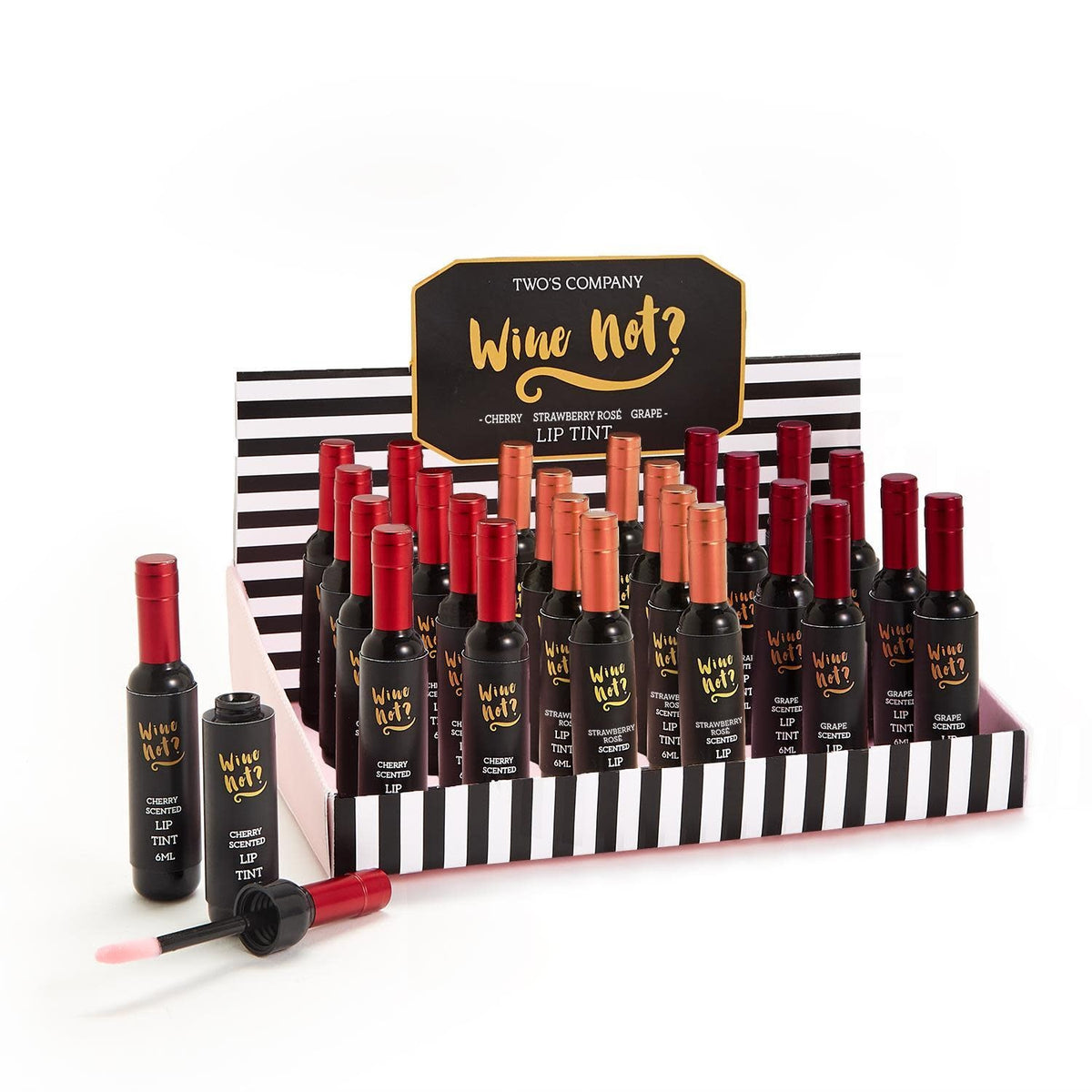 Wine bottle-shaped lip gloss in deep red with a clear glass finish.