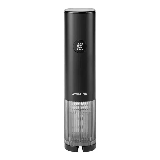 Black Zwilling Enfinigy electric wine opener with a cylindrical silhouette and clear base.