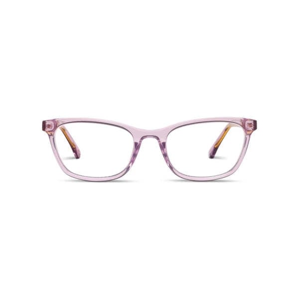 Purple Winnie eyeglasses with rectangular frames, wire-core temples, and clear polycarbonate lenses.