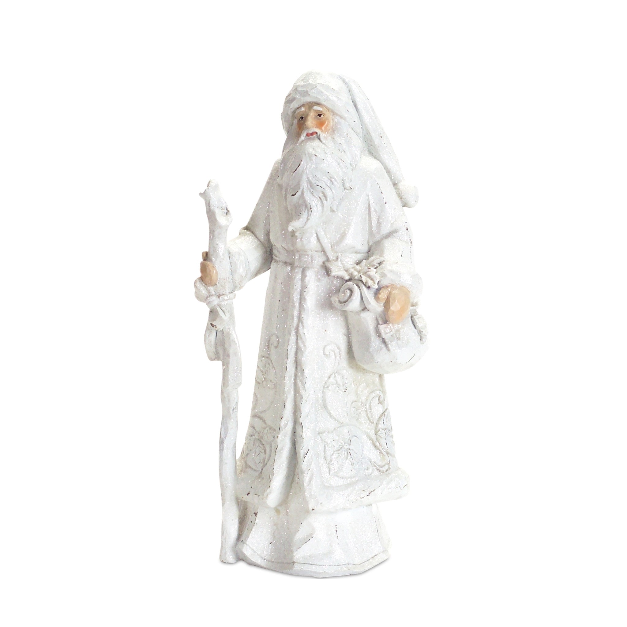 Polyresin Santa figurine standing 13 inches tall with a red hat and white beard.