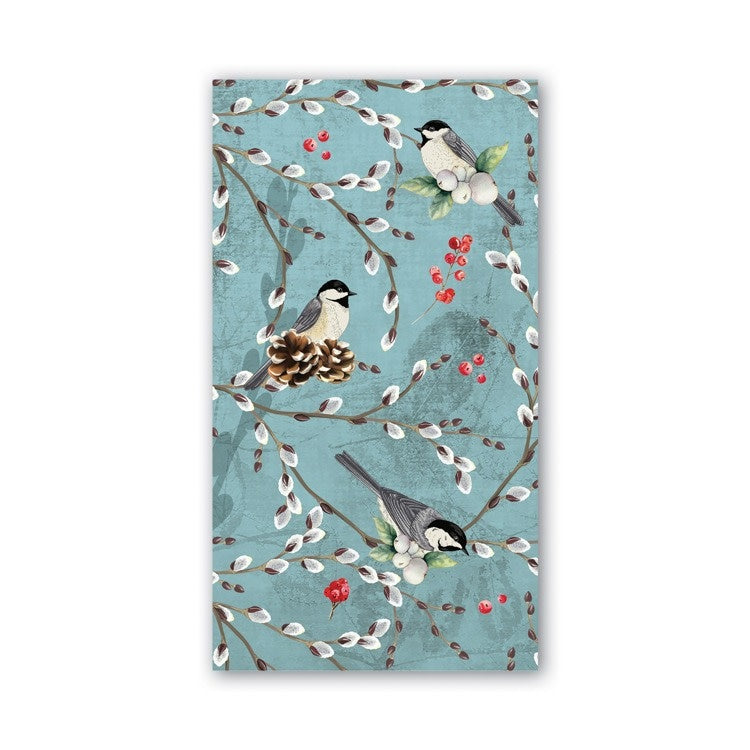 Packaged Hostess napkins in winterberry balsam scent with folded dimensions of 4.5 by 8 inches.