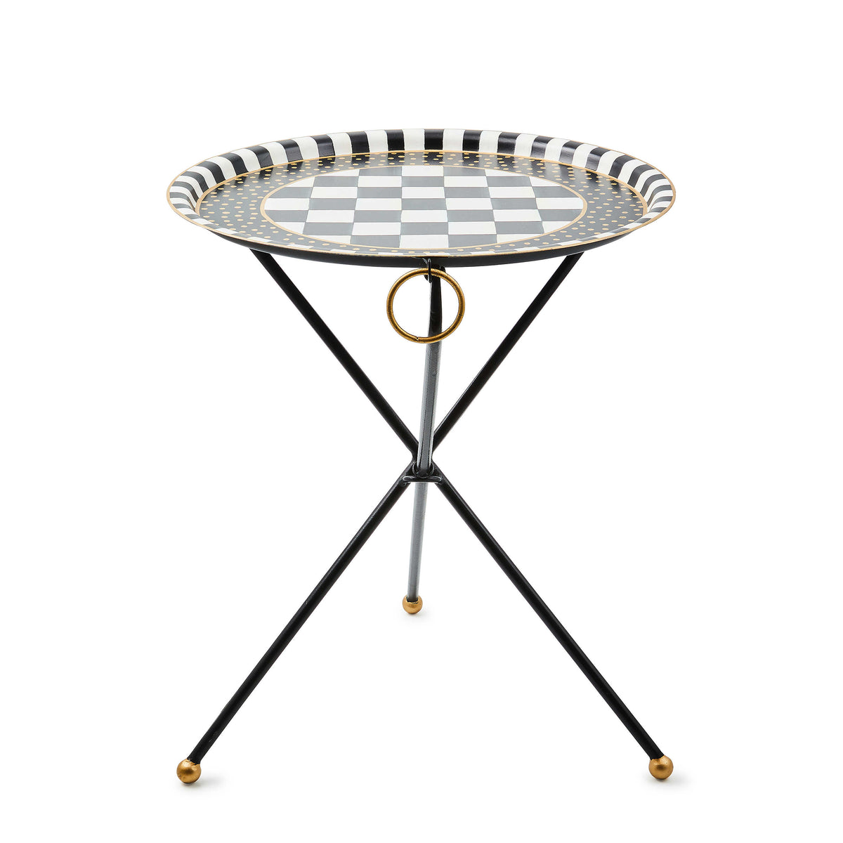 Tilt top black tripod table with a hand-painted black and white checkered and striped tray top.