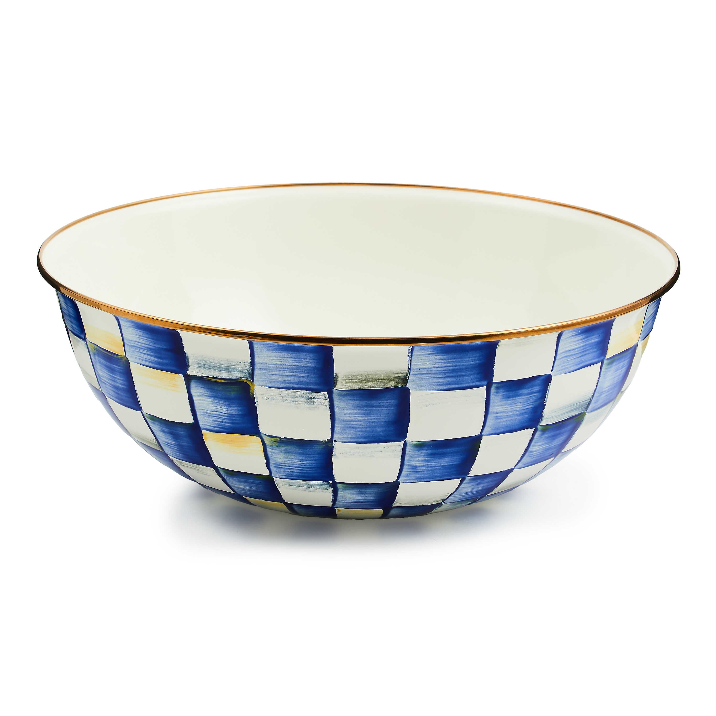 Extra large white enamel bowl with hand-painted blue and white checks and a bronzed steel rim.
