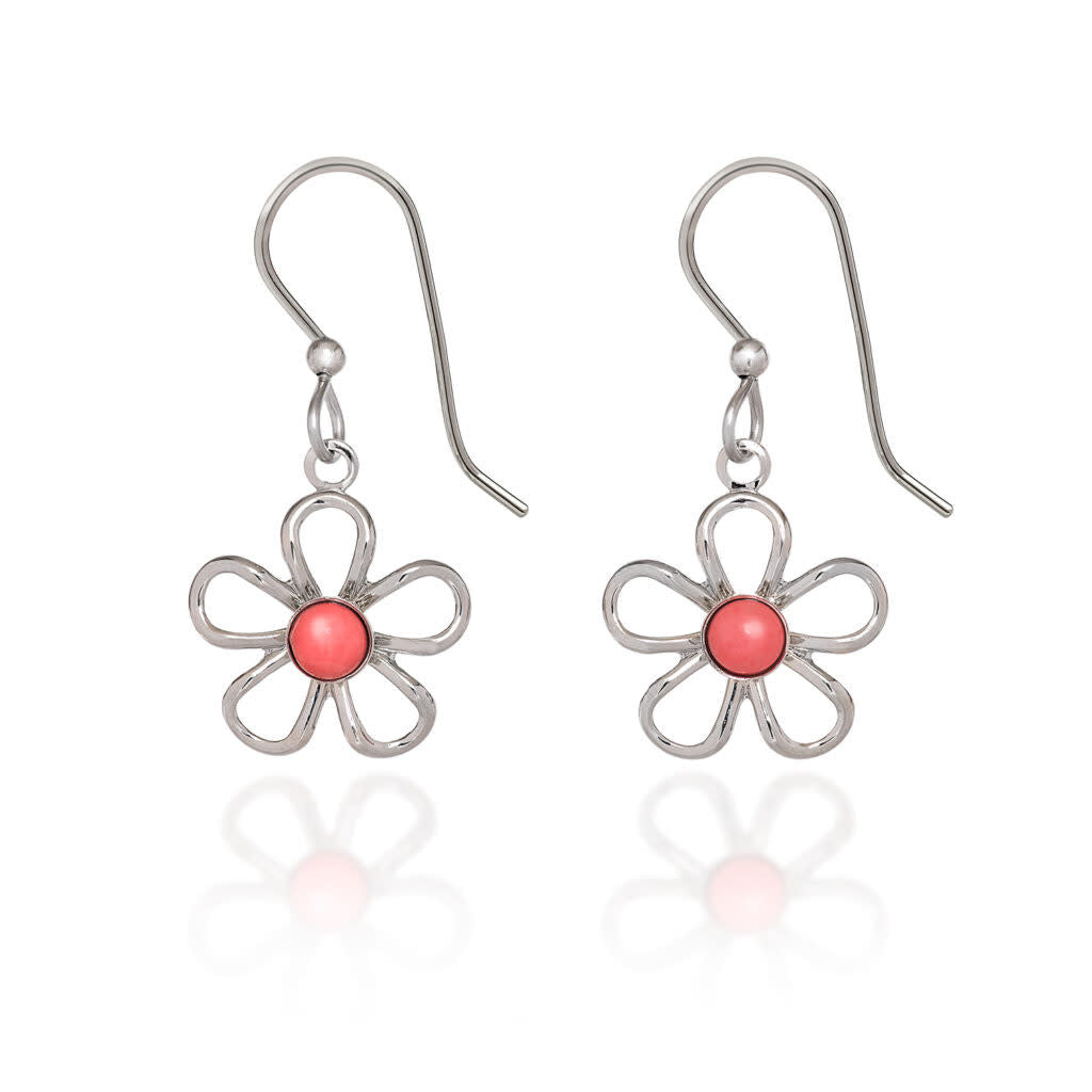Handcrafted wirey flower earring with pink howlite cabochon center on surgical steel earwire