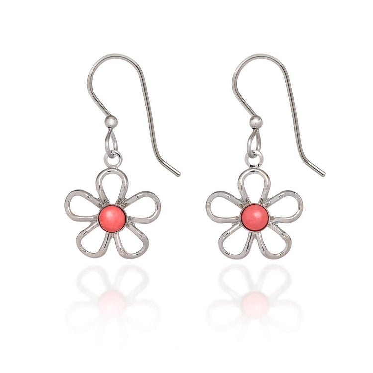 Handcrafted wirey flower earring with pink howlite cabochon center on surgical steel earwire
