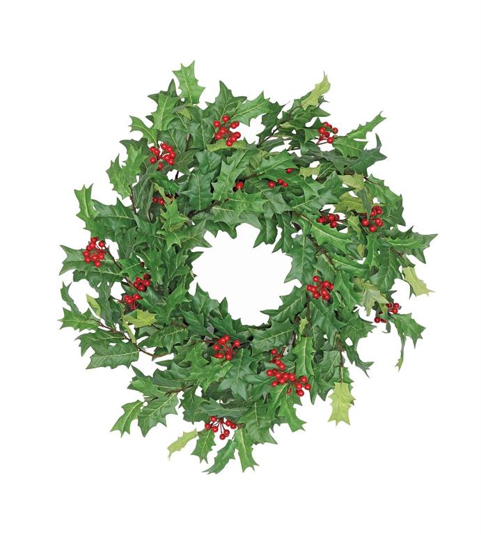 28-inch green holly wreath with lush leaves and clusters of bright red berries.