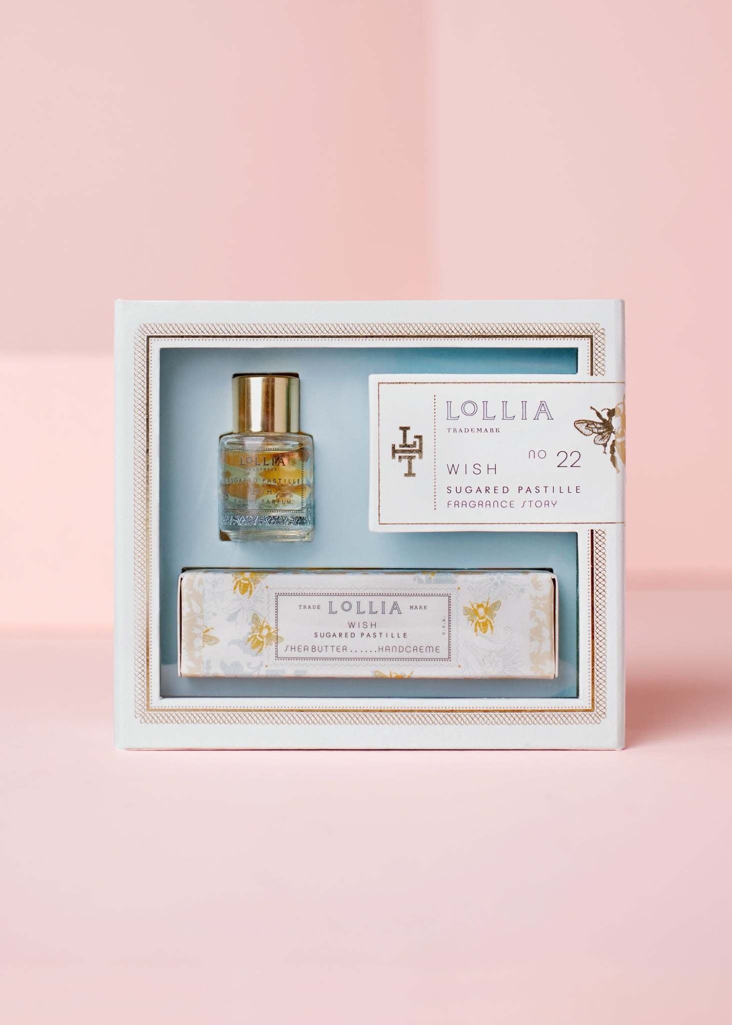 Fragrance Story gift box containing Eau de Parfum and Shea Butter Handcreme with golden accents
