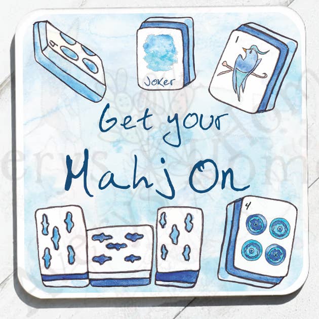 Square stone coaster with hand-painted artwork on a cork-backed surface.