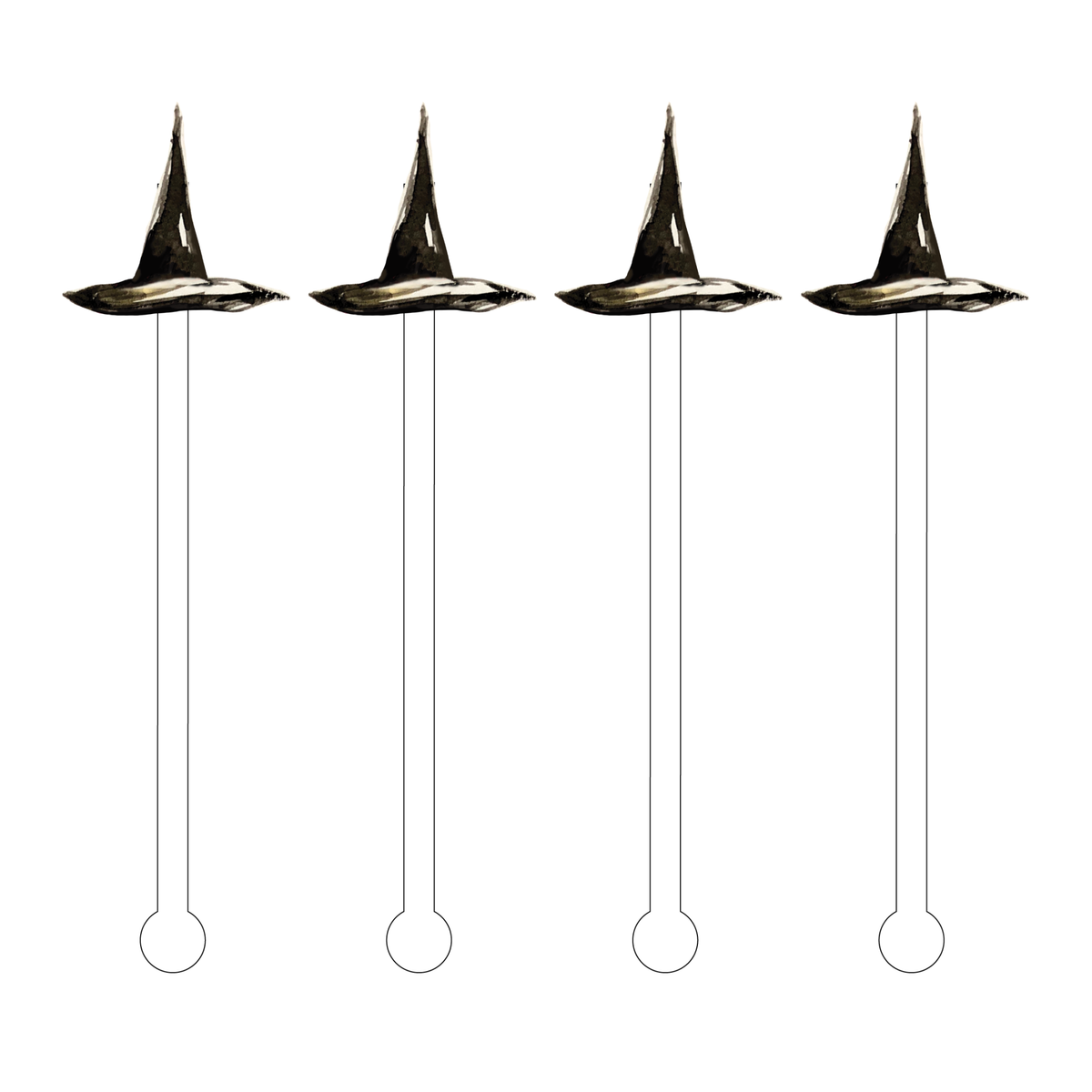 Six-inch clear acrylic stir stick shaped like a black witch hat with brim.