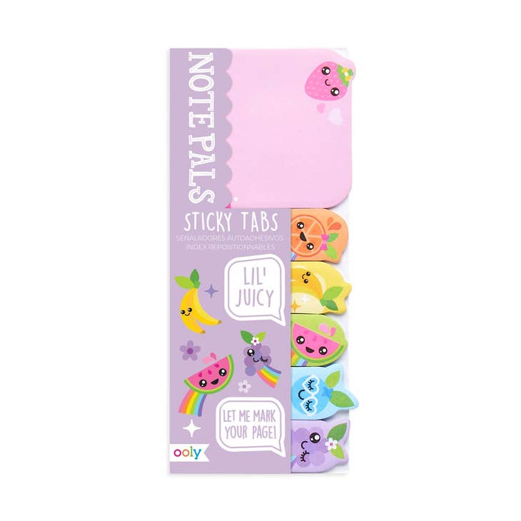 Ooly Note Pals sticky tabs with fruit designs: strawberry, orange, lemon, watermelon, and blueberry.