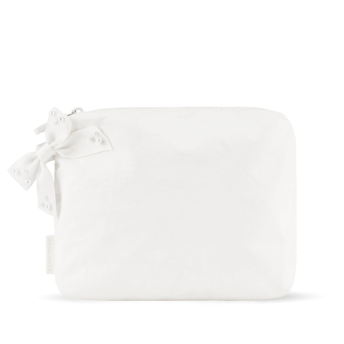 White crinkle makeup bag with a large bow detail and pearl accents.