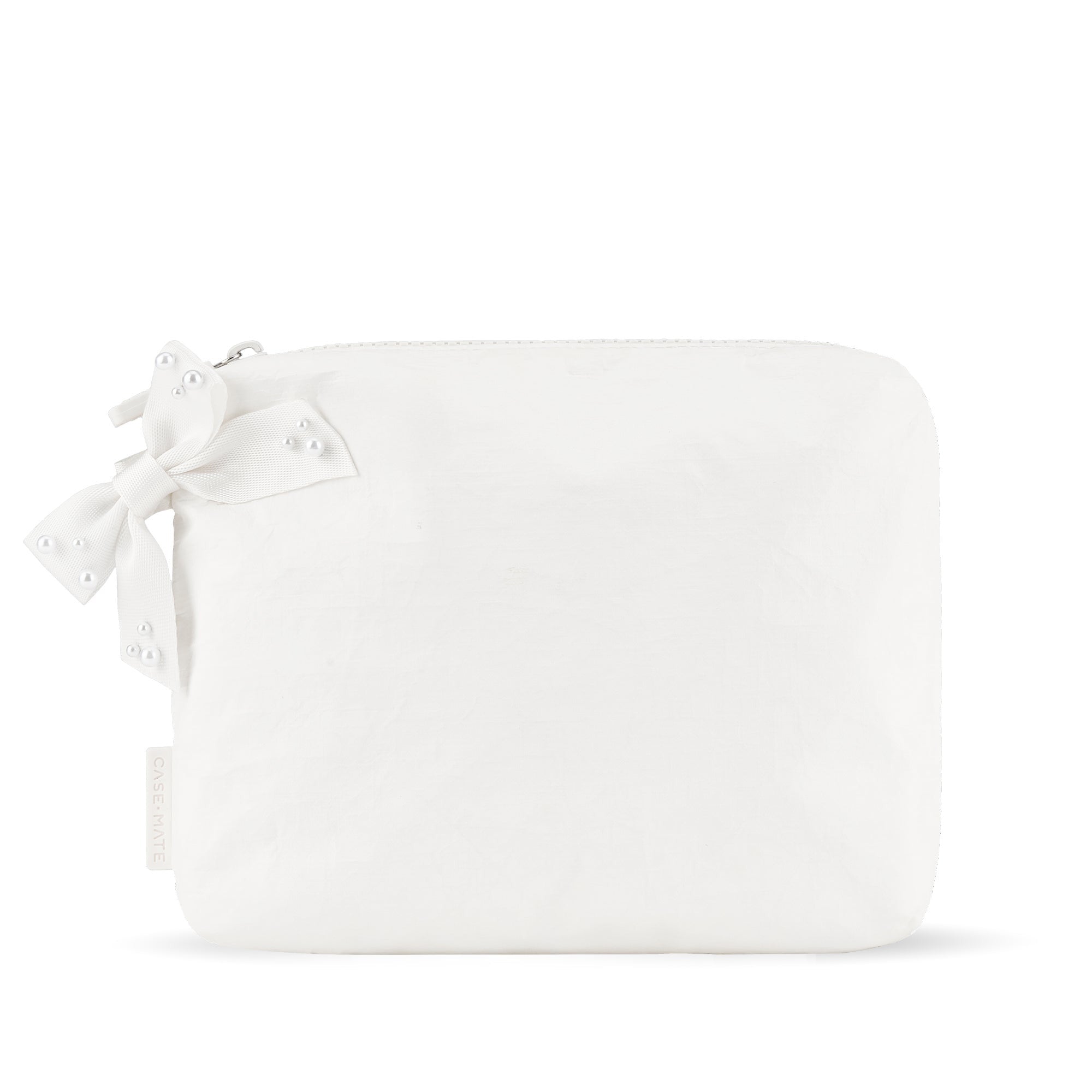 White crinkle makeup bag with a large bow detail and pearl accents.