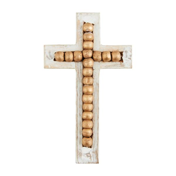 Large mango wood cross with intricate gold bead detailing