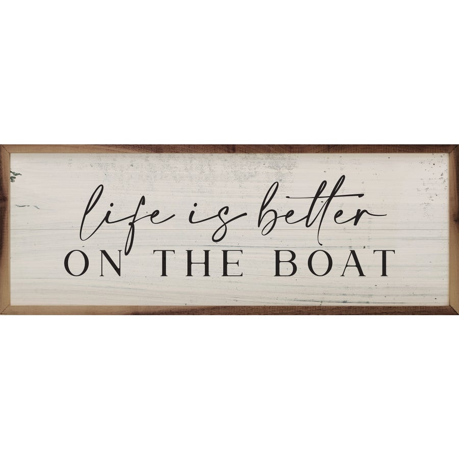 Hand-painted whitewash American hardwood plank sign with natural walnut frame