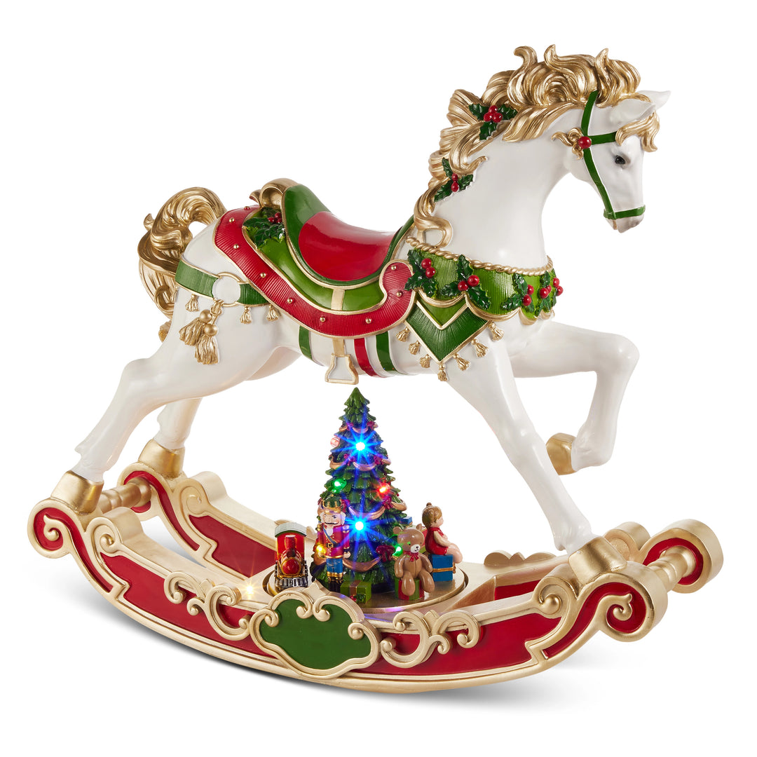 24-inch white musical carousel rocking horse with a lighted Christmas tree and toys on the base.