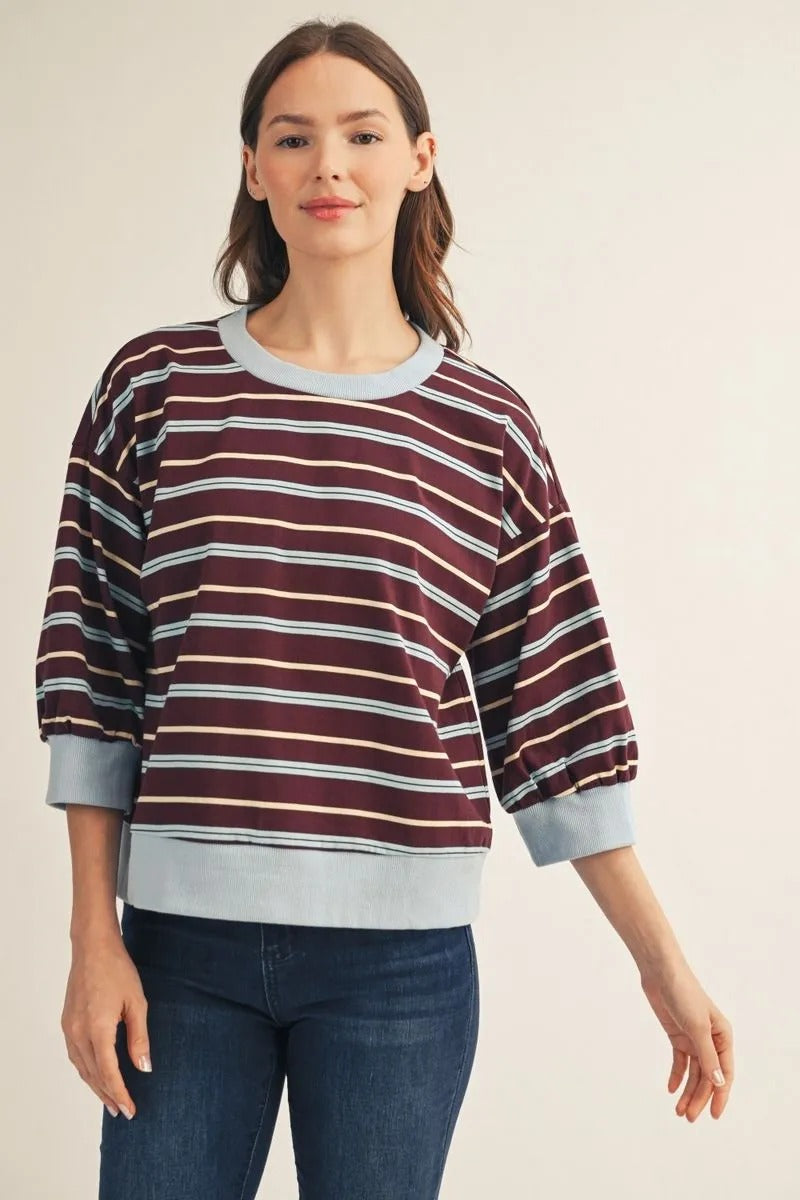 Woman wearing the Ava 3/4 Sleeves Casual Stripe Top in burgundy with light blue and cream stripes.