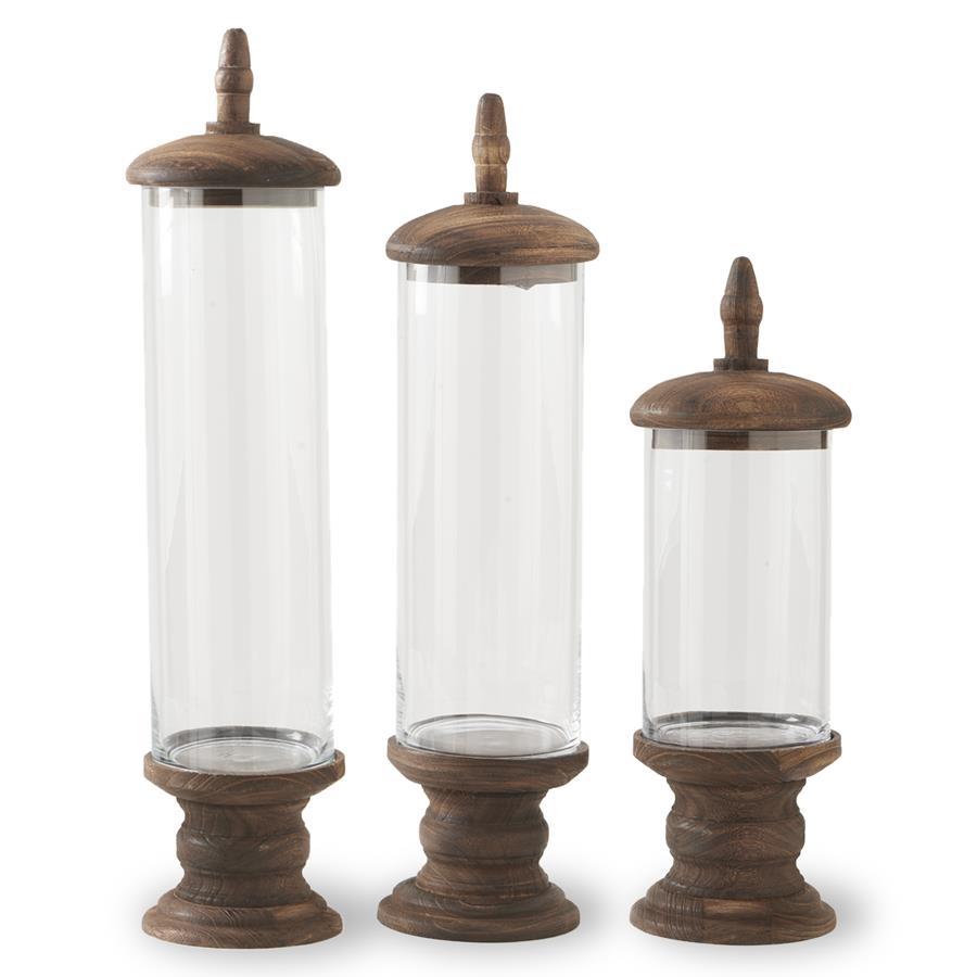 Glass cylinder container with brown Paulownia wood pedestal base and top