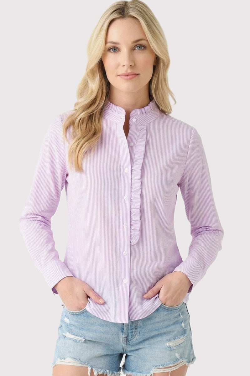Madison frill neck pinstriped long sleeve button-down shirt in white cotton