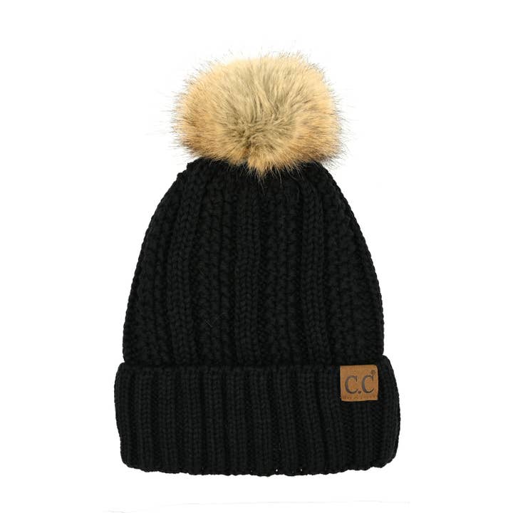 Black acrylic beanie with bold faux fur trim accent