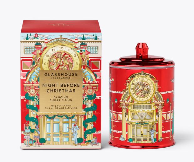 Glasshouse Fragrances Night Before Christmas 13.4 oz. soy candle in a red jar with festive box.