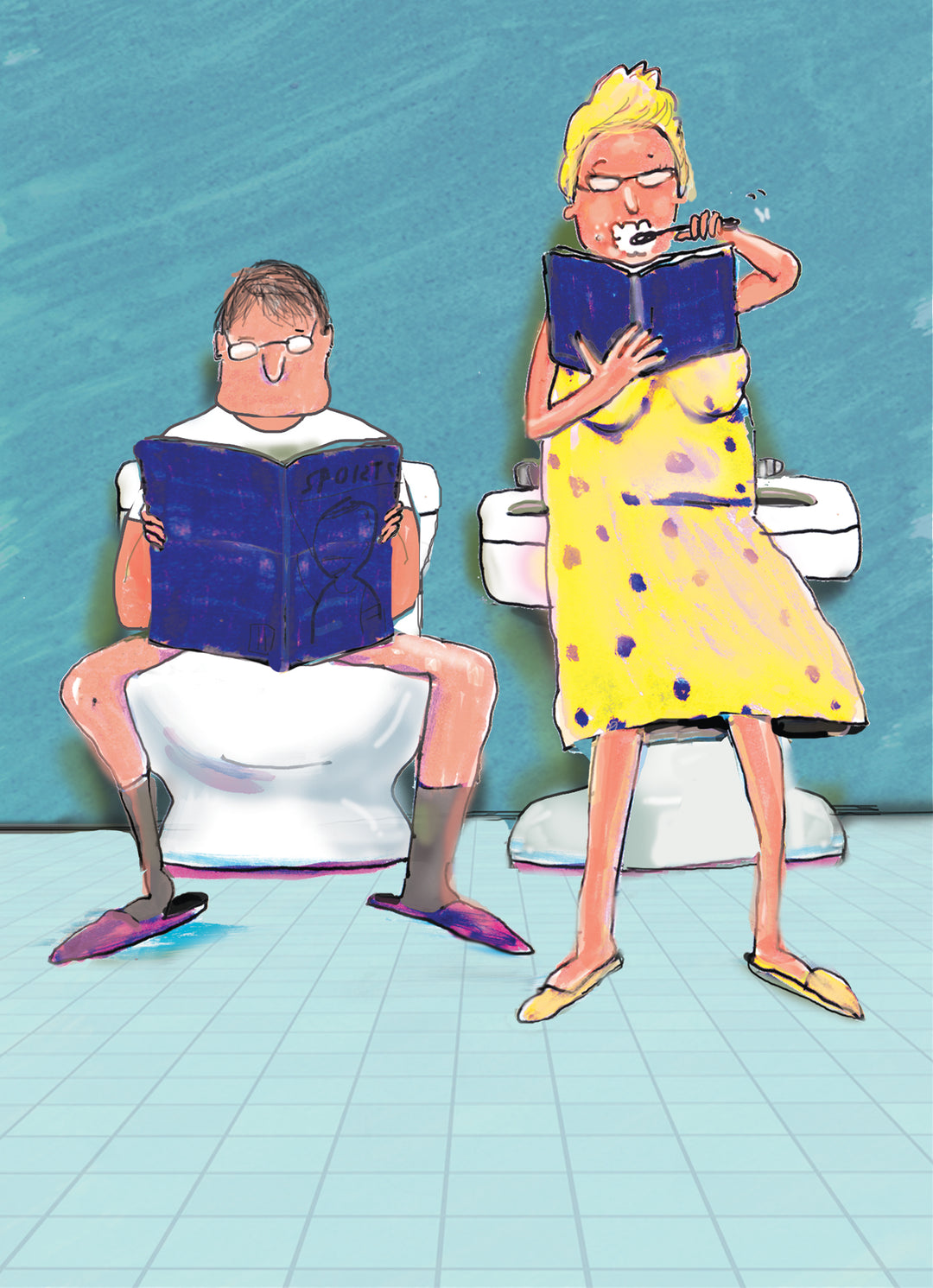 Illustration of a couple in a bathroom, one reading a sports magazine on the toilet, the other brushing teeth while reading a book.