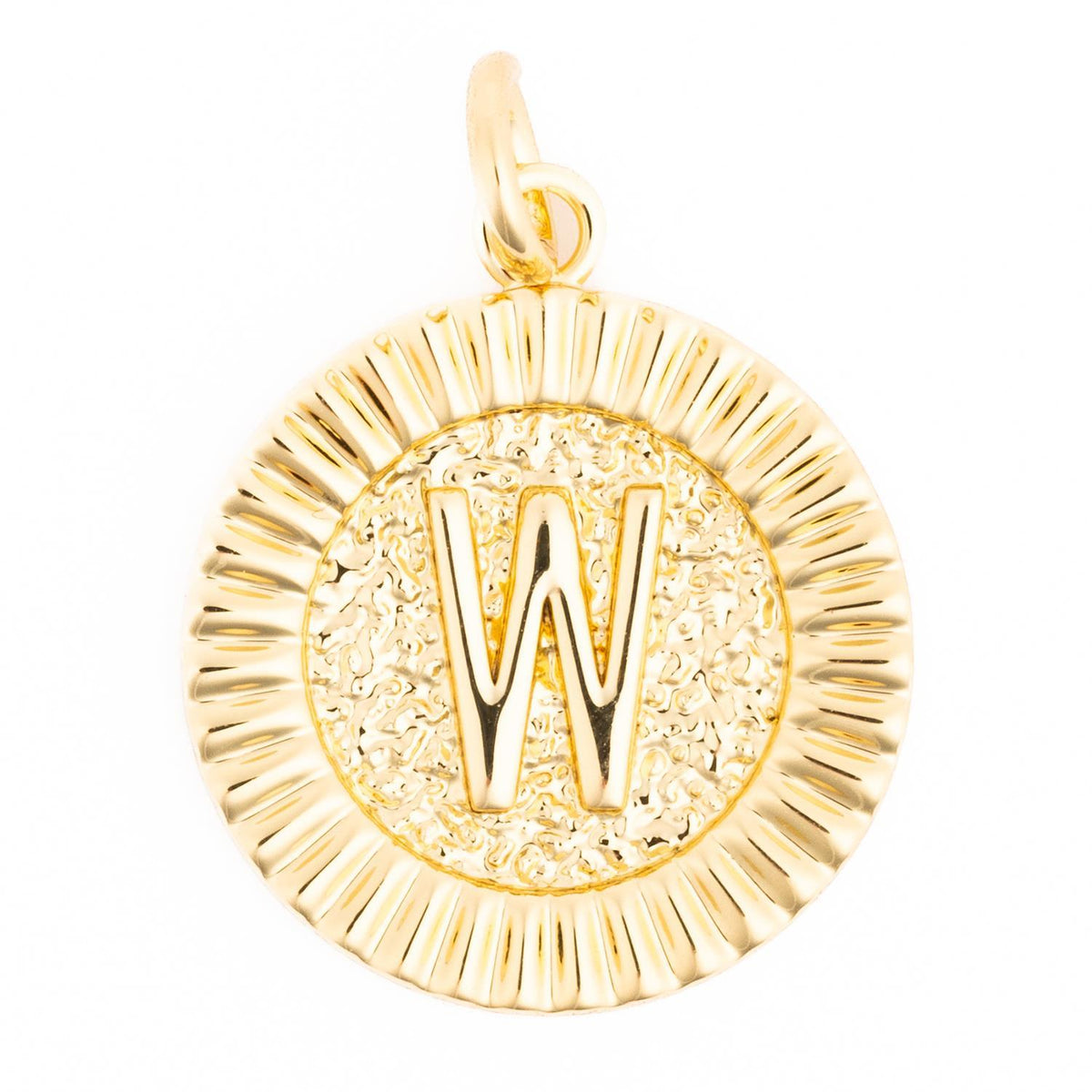 Gold round McKenna charm featuring a raised letter W on a textured background with a fluted border.